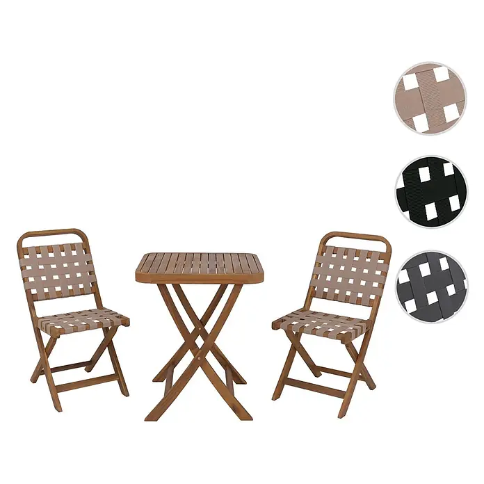 Garten-Set | Sitzgruppe Balkon-Set Garnitur 2x Stuhl Tisch | Seilgeflecht Akazie Holz klappbar | Natur/Creme -  - Ein klappbares Gartenmöbel-Set aus Holz mit quadratischem Tisch und zwei Stühlen mit beigem Gurtband.
