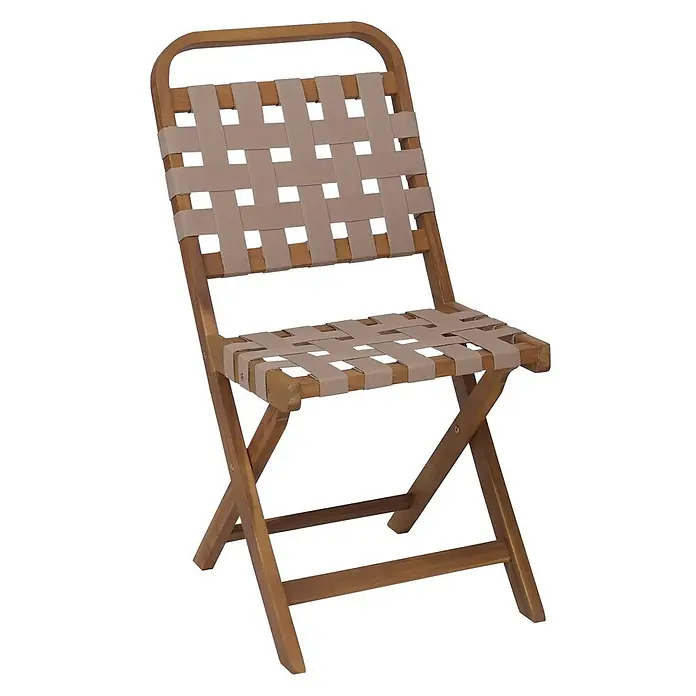 Garten-Set | Sitzgruppe Balkon-Set Garnitur 2x Stuhl Tisch | Seilgeflecht Akazie Holz klappbar | Natur/Creme -  - Klappbarer Holzstuhl mit beigem Gurtband an Rückenlehne und Sitzfläche.