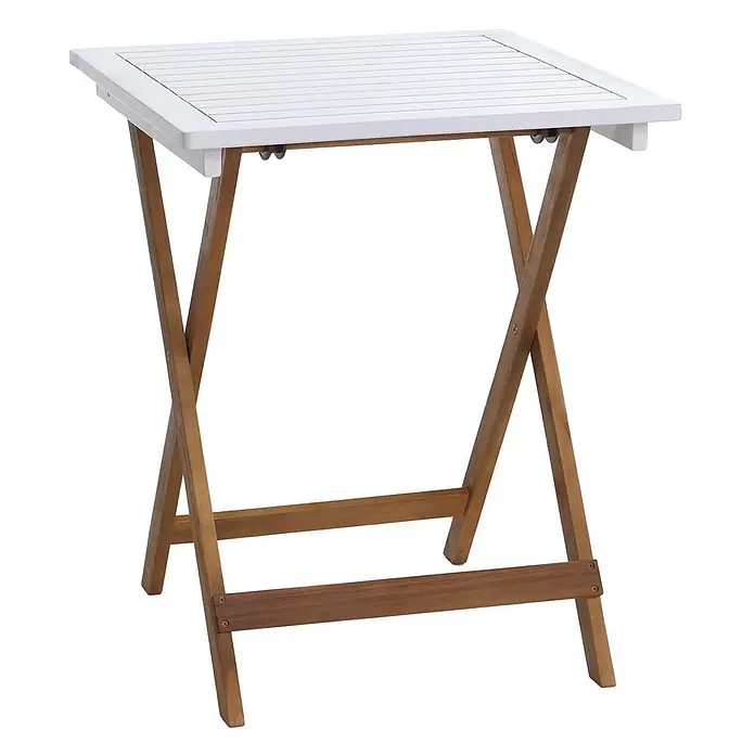 Proregal Balkonmöbel-Set mit 2 Stühlen klappbar - 3 -tlg., Akazienholz, Klappbar, Weiß - Weißer quadratischer Klapptisch mit Lamellenplatte und natürlichem X-förmigem Holzgestell.