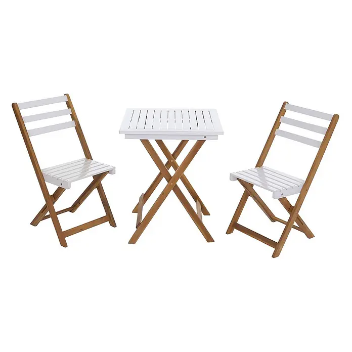 Proregal Balkonmöbel-Set mit 2 Stühlen klappbar - 3 -tlg., Akazienholz, Klappbar, Weiß - Weißes und holzfarbenes Klapp-Bistro-Set mit Lamellentisch und zwei Stühlen.