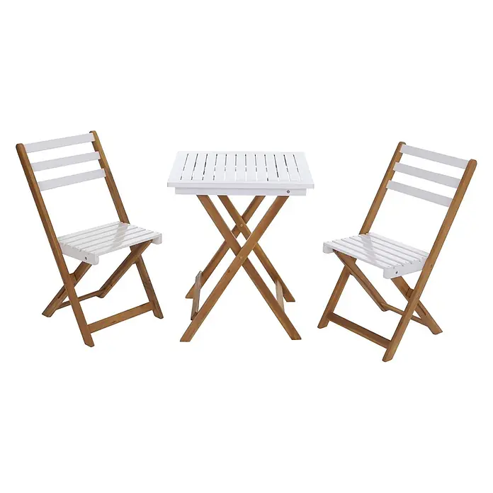 Proregal Balkonmöbel-Set mit 2 Stühlen klappbar - 3 -tlg., Akazienholz, Klappbar, Weiß - Weißer Klapptisch mit Lattenrost und zwei passenden Klappstühlen aus Holz.
