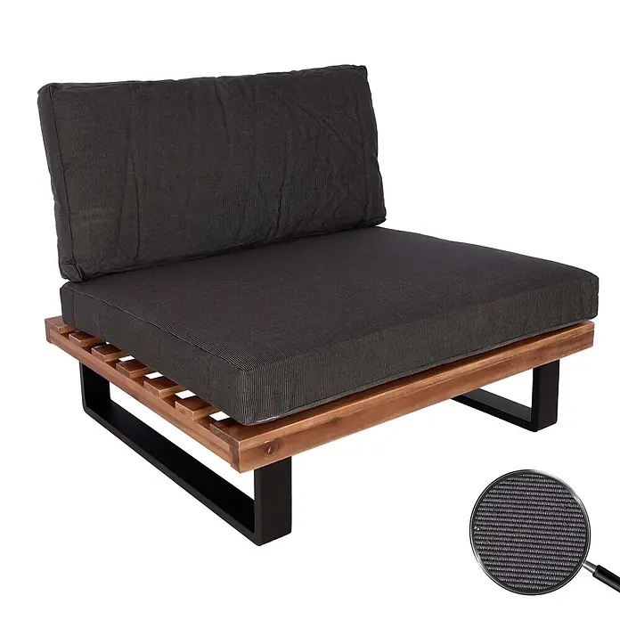 Lounge-Sessel Garten-Sessel | Spun Poly Akazie Holz FSC®-zertifiziert Aluminium | Braun | Polster Dunkelgrau -  - Outdoor-Lounge-Sessel mit Lattenrost aus Naturholz, schwarzen Metallbeinen und dunkelgrauen gestreiften Stoffkissen.