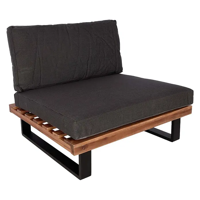 Mendler Garten-Loungesessel HWC-H54 - 1 Stk., Holz, Braun, Polster dunkelgrau, B x T x H: 82 x 82 x 75 cm - Loungesessel mit schwarz gestreiften Kissen, braunem Holzlattenrost und schwarzen Metallbeinen.