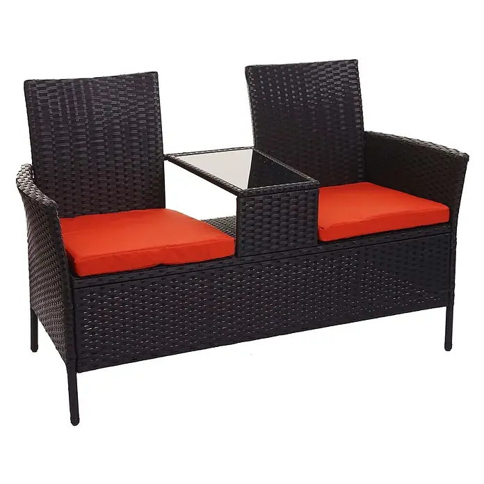 Poly-Rattan Sitzbank mit Tisch | Gartenbank Sitzgruppe Gartensofa | 132cm | Schwarz | Kissen Terrakotta -  - Dunkelbraune Rattan-Gartenbank für zwei Personen mit integriertem Tisch und orangefarbenen Kissen.