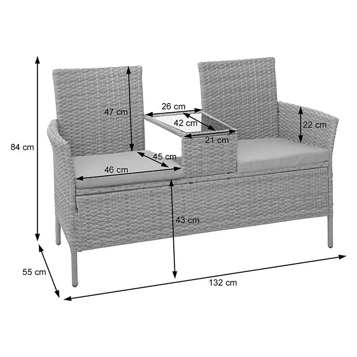 Poly-Rattan Sitzbank mit Tisch | Gartenbank Sitzgruppe Gartensofa | 132cm | Schwarz | Kissen Terrakotta -  - Graues Rattan-Effekt 2-Sitzer Gartensofa mit integriertem Beistelltisch und Kissen, Maße angegeben.