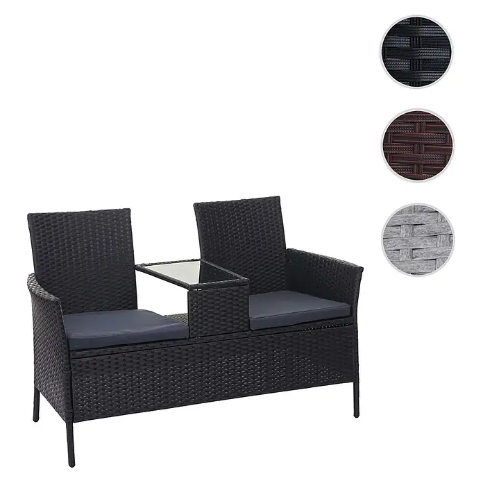 Poly-Rattan Sitzbank mit Tisch | Gartenbank Sitzgruppe Gartensofa | 132cm | Schwarz | Kissen Creme -  - Schwarzes Polyrattan-Gartensitzmöbel für zwei Personen mit integriertem Glastisch und dunkelgrauen Kissen.