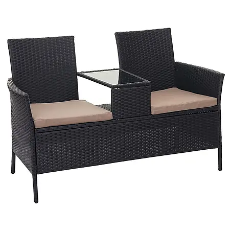Poly-Rattan Sitzbank mit Tisch | Gartenbank Sitzgruppe Gartensofa | 132cm | Schwarz | Kissen Creme
