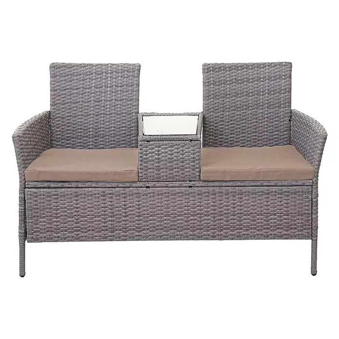 Poly-Rattan Sitzbank mit Tisch | Gartenbank Sitzgruppe Gartensofa | 132cm | Grau | Kissen Creme -  - Graue Polyrattan 2-Sitzer Gartenbank mit beigen Kissen und integriertem Mitteltisch für Entspannung im Freien.