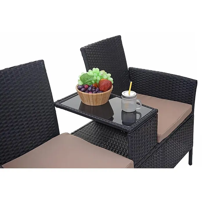 Poly-Rattan Sitzbank mit Tisch | Gartenbank Sitzgruppe Gartensofa | 132cm | Schwarz | Kissen Creme -  - Schwarzes Rattan-Terrassenset mit hellbraunen Kissen und integriertem Glastisch.