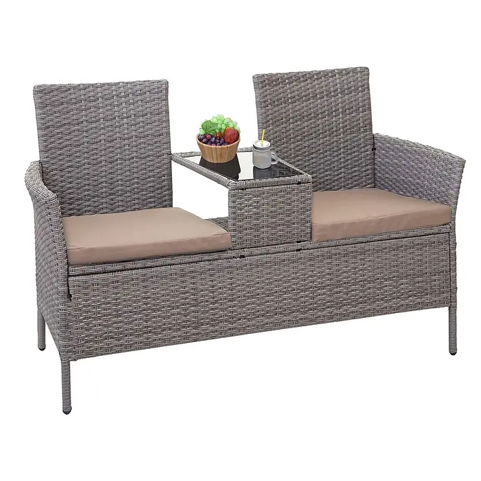 Poly-Rattan Sitzbank mit Tisch | Gartenbank Sitzgruppe Gartensofa | 132cm | Grau | Kissen Creme -  - Graues Rattan-Gartensofa mit beigen Kissen und integriertem Glastisch.