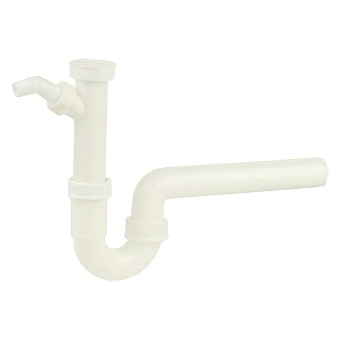Admiral Röhrensiphon - 1 ½″, Kunststoff, Weiß, DN 40 - Abgebildeter weißer Siphon mit seitlichem Anschluss für Wasch- oder Spülmaschine, ideal für Küche und Bad.