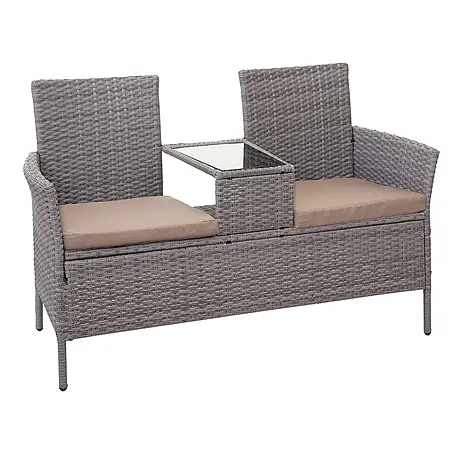 Poly-Rattan Sitzbank mit Tisch | Gartenbank Sitzgruppe Gartensofa | 132cm | Grau | Kissen Creme