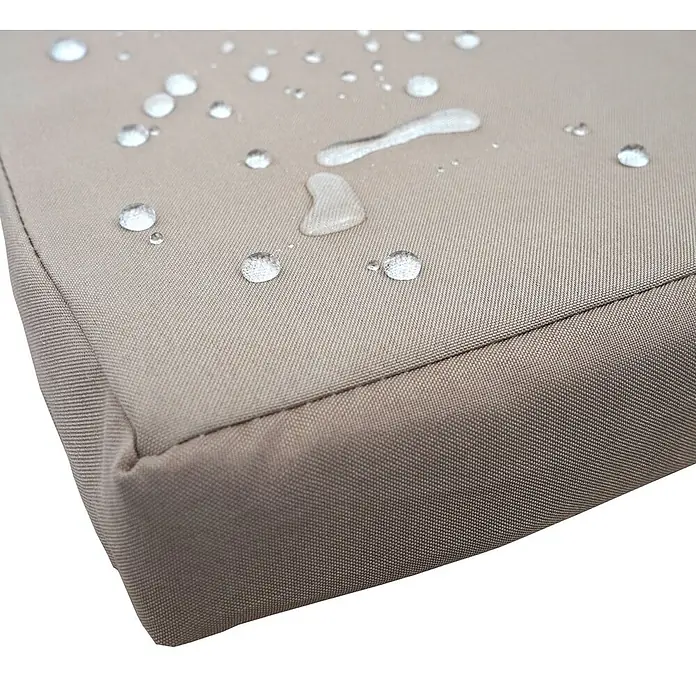 Poly-Rattan Sitzbank mit Tisch | Gartenbank Sitzgruppe Gartensofa | 132cm | Schwarz | Kissen Creme -  - Nahaufnahme von beigem wasserdichtem Stoff mit Wassertropfen auf der Oberfläche.