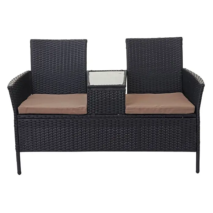Poly-Rattan Sitzbank mit Tisch | Gartenbank Sitzgruppe Gartensofa | 132cm | Schwarz | Kissen Creme -  - Schwarze Rattan-Gartenbank für zwei Personen mit integriertem Tisch und braunen Sitzkissen. Ideal für draußen.