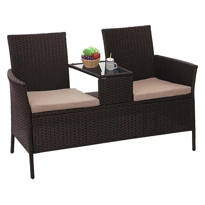 Poly-Rattan Sitzbank mit Tisch | Gartenbank Sitzgruppe Gartensofa | 132cm | Braun | Kissen Creme -  - Braune Rattan-Zweisitzer-Gartenbank mit beigen Kissen und integriertem Glastisch.