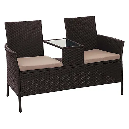 Poly-Rattan Sitzbank mit Tisch | Gartenbank Sitzgruppe Gartensofa | 132cm | Braun | Kissen Creme