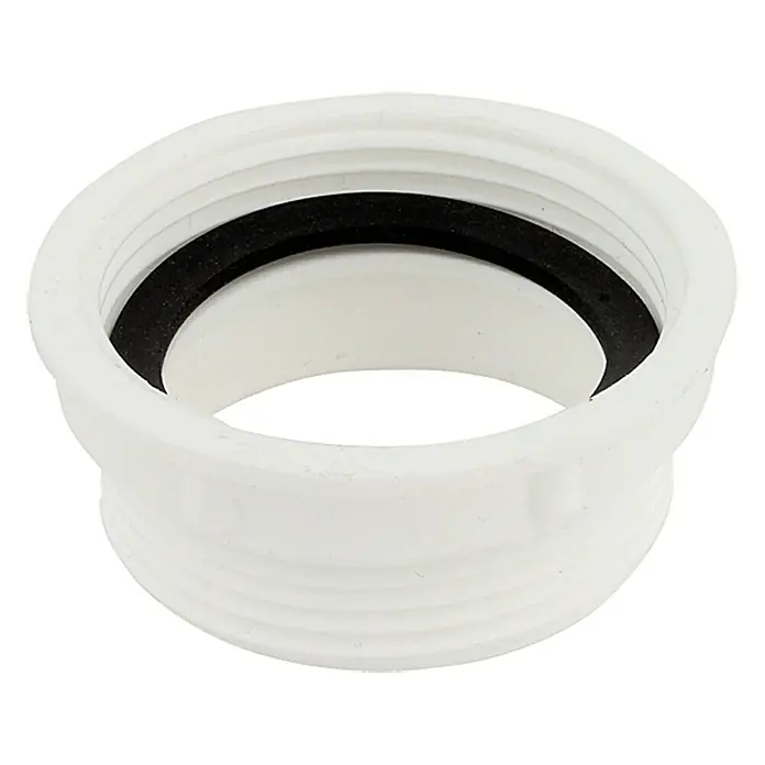 Admiral Höhenausgleichsring - Kunststoff, 1 ½″, Weiß - Ein weißer Kunststoffadapter mit einem schwarzen Dichtungsring im Inneren, der für Sanitäranwendungen verwendet wird.