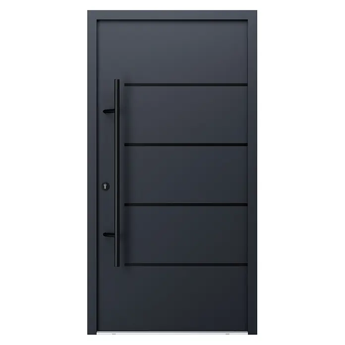 FM Türen Haustür - 110 x 210 cm, DIN Anschlag: Links, Farbe: Anthrazit, Mit Zierapplikationen - Moderne dunkelgraue Tür mit horizontalen Rillen, langem schwarzem Stangengriff und Schlüsselloch.