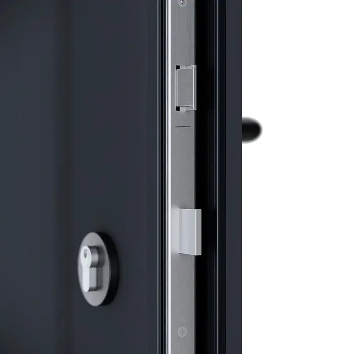 FM Türen Haustür - 110 x 210 cm, DIN Anschlag: Links, Anthrazit, Mit vertikaler Verglasung + Zierapplikationen - Dunkelgraue Tür mit gebürstetem Metallschlossmechanismus, silbernem Schlüsselloch, silbernem Bolzen und weißem rechteckigem Bauteil.