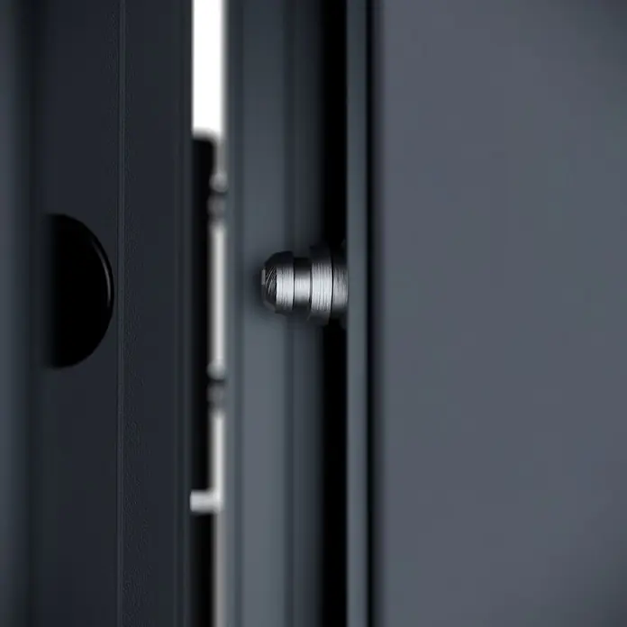 FM Türen Haustür - 110 x 210 cm, DIN Anschlag: Links, Anthrazit, Mit vertikaler Verglasung + Zierapplikationen - Nahaufnahme einer dunkelgrauen Tür mit einem silbernen Metall-Sicherheitsriegel oder Scharnierstift.