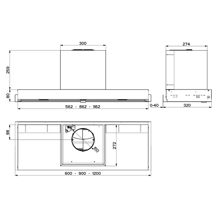 Mepamsa Campana integrable - Ancho: 60 cm, 570 m³/h, Acero inoxidable - Dibujos técnicos de una campana de cocina con vistas frontal, lateral y superior. Dimensiones detalladas para la instalación, incluyendo anchos variables y conducto de 150mm.