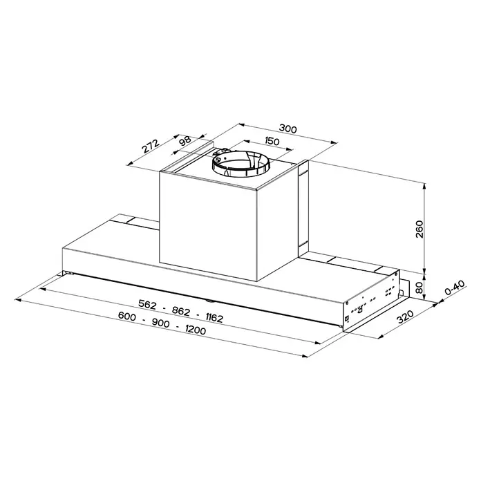 Mepamsa Campana integrable - Ancho: 60 cm, 570 m³/h, Acero inoxidable - Dibujo técnico de una campana extractora rectangular con conducto de extracción central, mostrando las dimensiones.