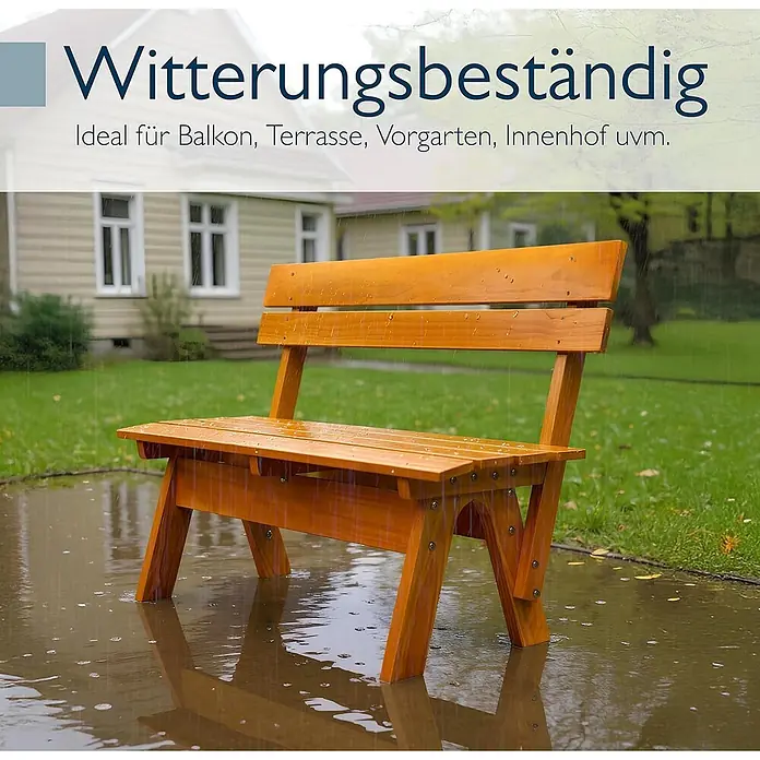 Beautissu Gartenbank - B x T x H: 150 x 42 x 60 cm, Holz, Braun - Orangebraune Holzgartenbank steht im Regen, was ihre Witterungsbeständigkeit zeigt.
