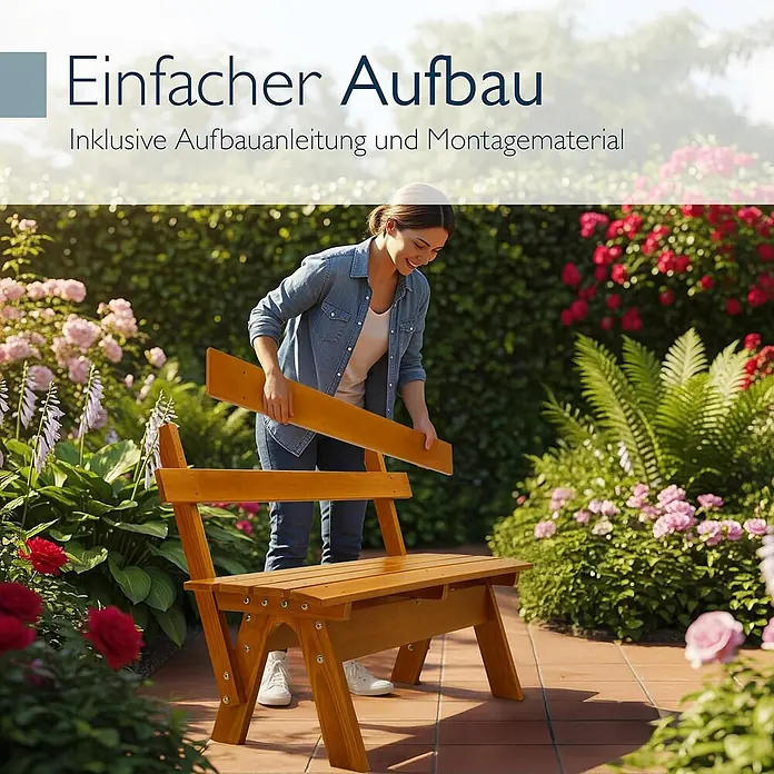 Beautissu Gartenbank - B x T x H: 120 x 42 x 60 cm, Holz, Braun - Frau baut eine hellbraune Holzgartenbank in einem Garten zusammen.
