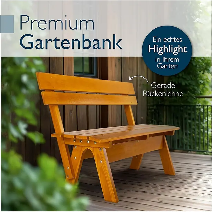 Beautissu Gartenbank - B x T x H: 120 x 42 x 60 cm, Holz, Braun - Eine rötlich-braune Holz-Gartenbank mit gerader Rückenlehne, auf einer Holzterrasse im Freien.