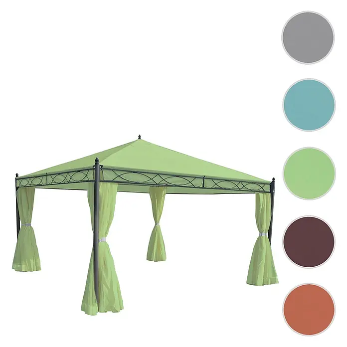 Berlinlodge Standard-Pavillon Cadiz - B x T: 400 x 400 cm, Farbe Gestell: Grau, Metall - Hellgrüner Stoffpavillon mit schwarzem Metallrahmen und gerafften Vorhängen.