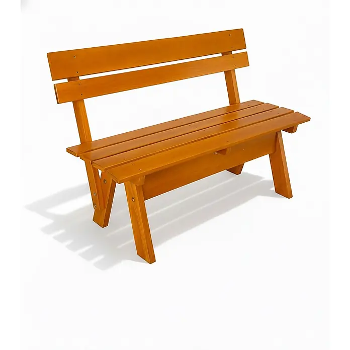 Beautissu Gartenbank - B x T x H: 120 x 42 x 60 cm, Holz, Braun - Eine honigfarbene Holzgartenbank mit Lattenrückenlehne und Sitzfläche.