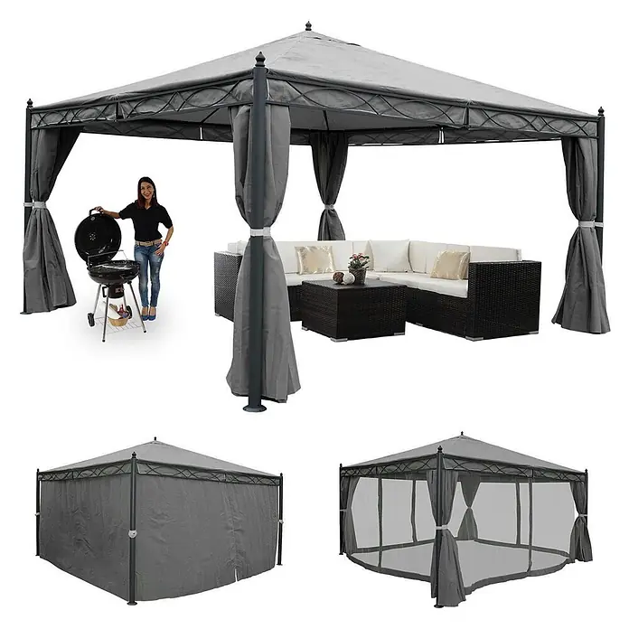 Berlinlodge Standard-Pavillon Cadiz - B x T: 400 x 400 cm, Farbe Gestell: Grau, Metall - Grauer Outdoor-Pavillon mit Metallrahmen und Stoffdach, gezeigt mit Vorhängen, Moskitonetz und Gartenmöbeln zur Veranschaulichung.