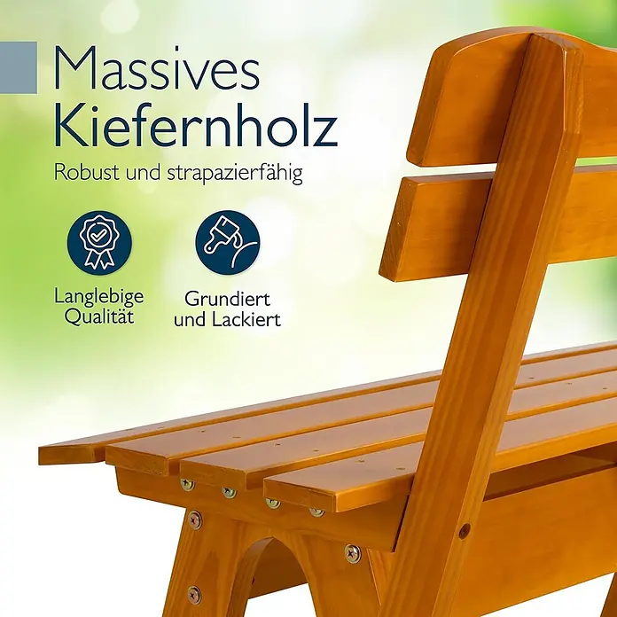 Beautissu Gartenbank - B x T x H: 150 x 42 x 60 cm, Holz, Braun - Nahaufnahme einer stabilen Bank oder eines Tisches aus massivem, lackiertem Kiefernholz, die robuste Konstruktion zeigend.