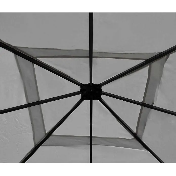 Berlinlodge Standard-Pavillon Cadiz - B x T: 400 x 400 cm, Farbe Gestell: Grau, Metall - Graue Überdachung mit schwarzem Metallrahmen, von unten gesehen.