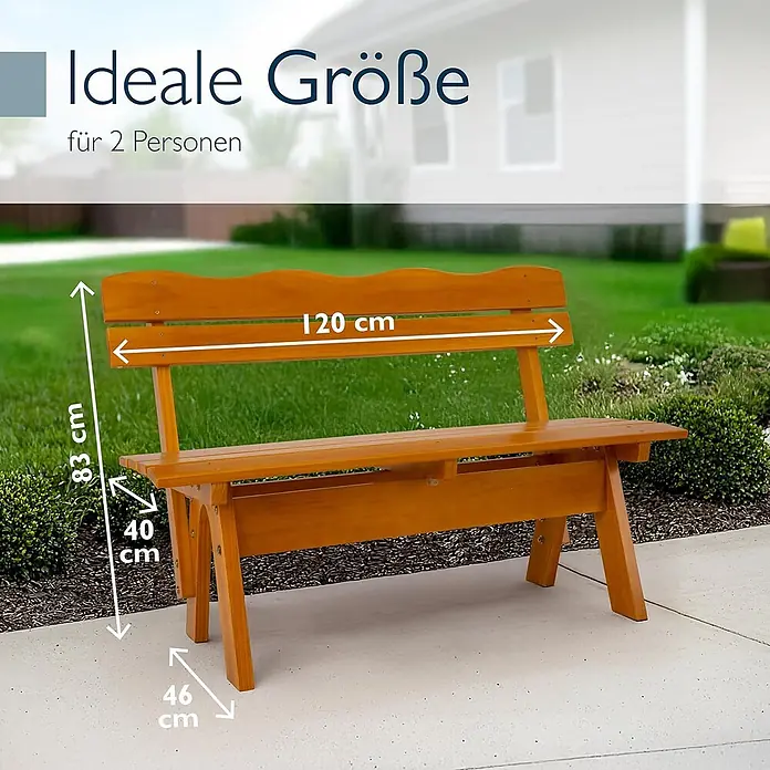 Beautissu Gartenbank - B x T x H: 120 x 42 x 60 cm, Holz, Braun - Braune Holzgartenbank für 2 Personen mit Maßen (120x83x46 cm) in Gartenumgebung.