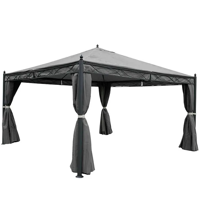 Berlinlodge Standard-Pavillon Cadiz - B x T: 400 x 400 cm, Farbe Gestell: Grau, Metall - Grauer quadratischer Pavillon mit Spitzdach, dunklem Metallrahmen und gerafften Seitenvorhängen.