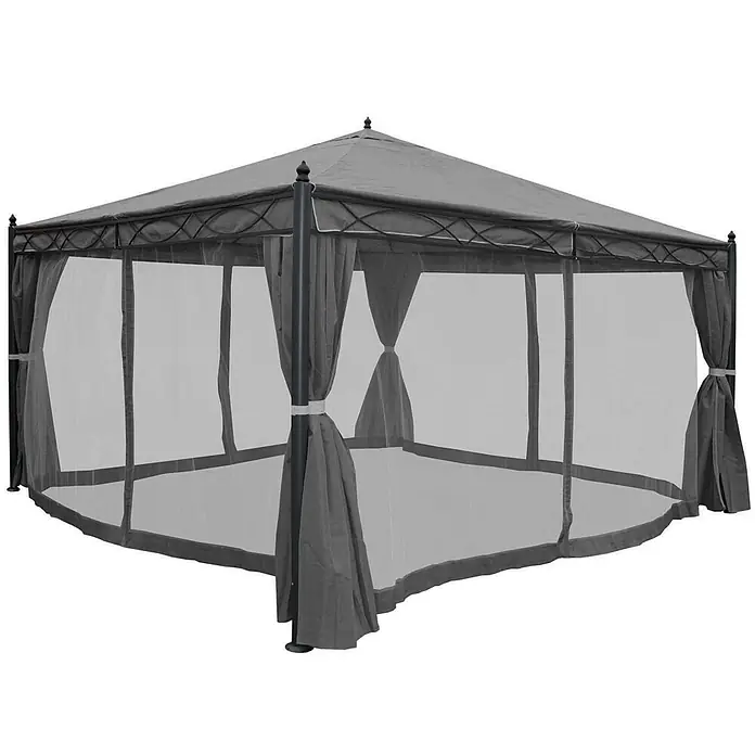Berlinlodge Standard-Pavillon Cadiz - B x T: 400 x 400 cm, Farbe Gestell: Grau, Metall - Grauer sechseckiger Pavillon mit Metallgestell, Stoffdach, Moskitonetz und Vorhängen zum Zubinden.