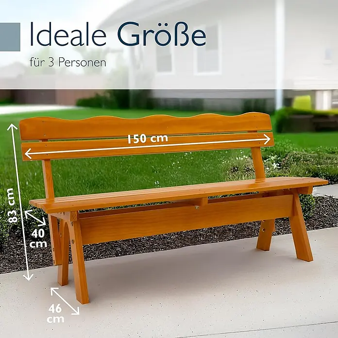 Beautissu Gartenbank - B x T x H: 120 x 42 x 60 cm, Holz, Braun - Helle Holzgartenbank für 3 Personen, mit Länge 150cm, Gesamthöhe 83cm, Sitzhöhe 40cm und Tiefe 46cm.