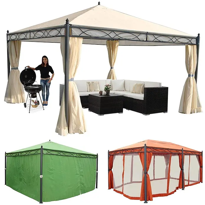 Berlinlodge Standard-Pavillon Cadiz - B x T: 400 x 400 cm, Farbe Gestell: Grau, Metall - Vielseitiger Gartenpavillon in Beige mit Vorhängen, Grün mit festen Wänden und Orange mit Moskitonetzen.