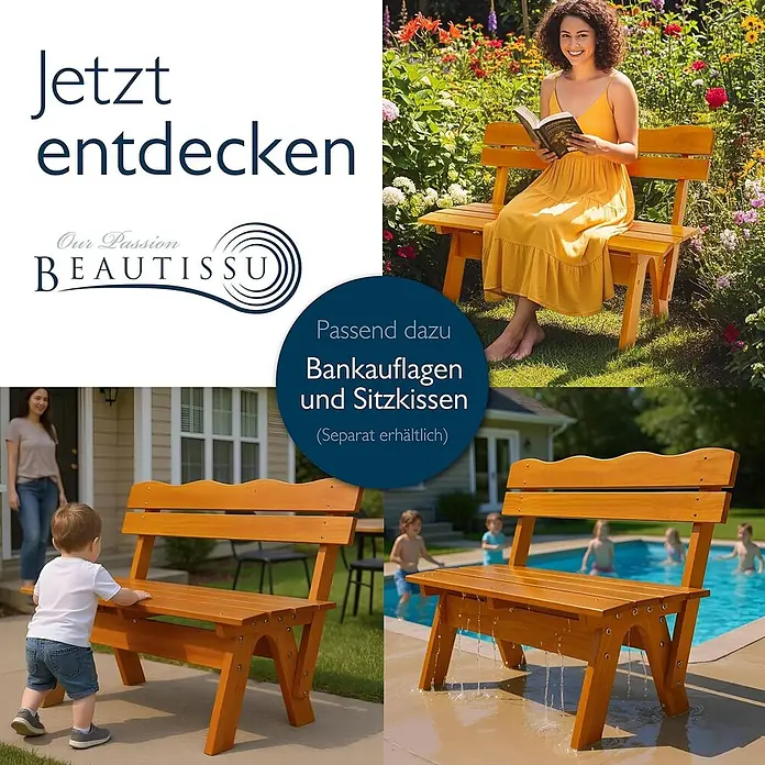 Beautissu Gartenbank - B x T x H: 120 x 42 x 60 cm, Holz, Braun - Vielseitige Gartenbank aus Holz, zum Entspannen, als Spielgerät für Kinder und als dekoratives Wasserspiel im Freien gezeigt.