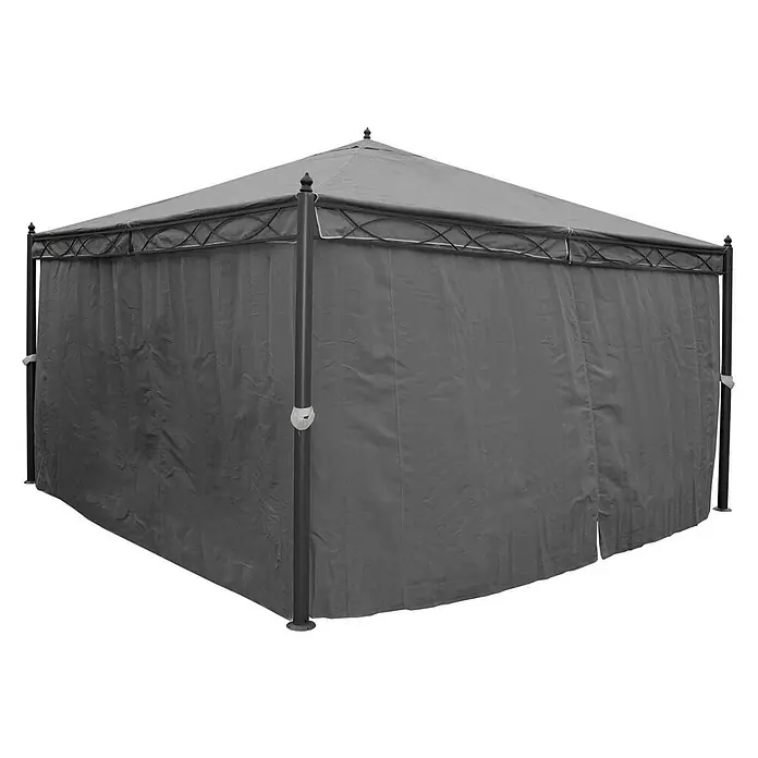 Berlinlodge Standard-Pavillon Cadiz - B x T: 400 x 400 cm, Farbe Gestell: Grau, Metall - Dunkelgrauer Pavillon mit Stoff-Sichtschutzwänden und ornamentalem schwarzem Metallrahmen.