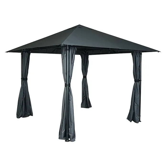 Berlinlodge Standard-Pavillon mit Seitenwand - B x T: 300 x 300 cm, Farbe Gestell: Grau, Sonstige - Dunkelgrauer Pavillon mit Spitzdach und vier zurückgebundenen Stoffvorhängen auf Metallrahmen für Schatten und Privatsphäre.