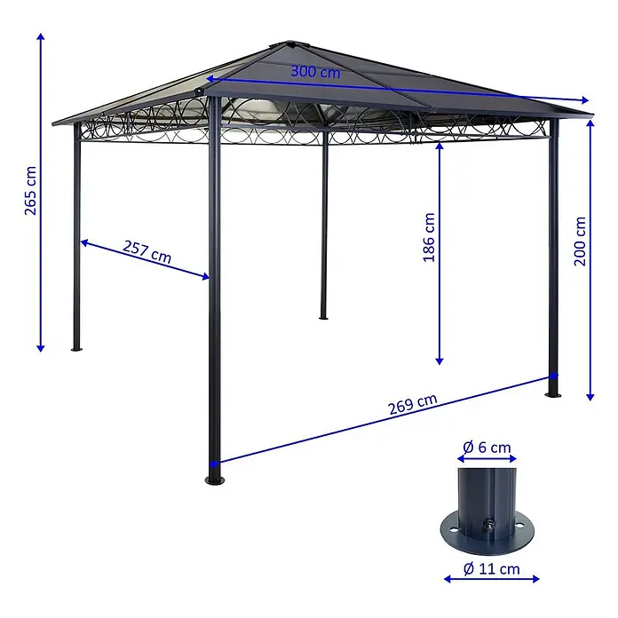 Berlinlodge Standard-Pavillon Kunststoff-Dach Seitenwand Alu - B x T: 300 x 300 cm, Farbe Gestell: Grau, Metall