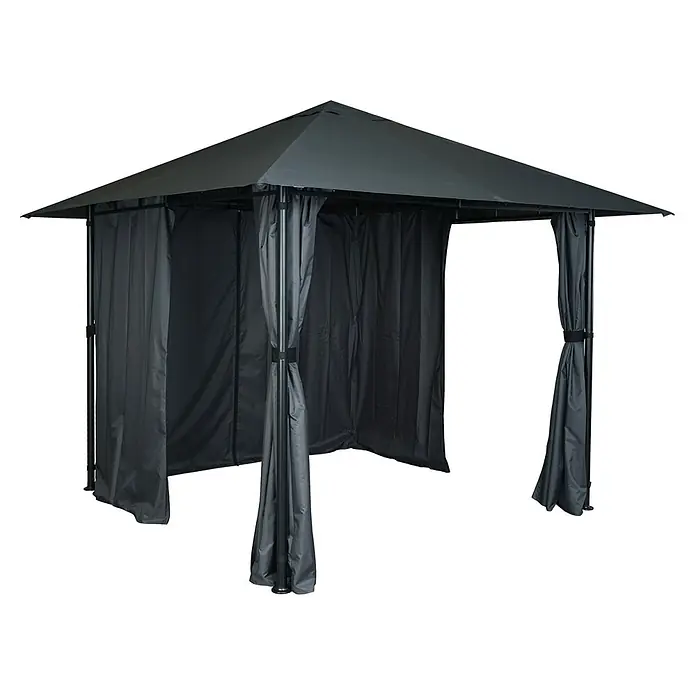 Berlinlodge Standard-Pavillon mit Seitenwand - B x T: 300 x 300 cm, Farbe Gestell: Grau, Sonstige - Dunkelgrauer Pavillon mit Pyramiden-Dach und Sichtschutzvorhängen, teils zurückgebunden.