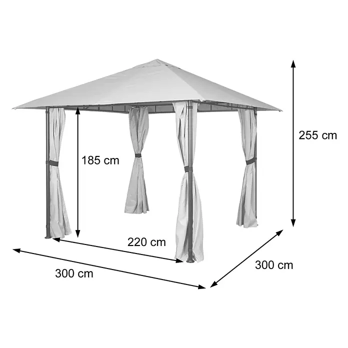 Berlinlodge Standard-Pavillon mit Seitenwand - B x T: 300 x 300 cm, Farbe Gestell: Grau, Sonstige - Hellgrauer Pavillon mit dunklem Gestell und vier Vorhängen. Maße: 300x300x255 cm, Durchgangshöhe 185 cm, Pfostenabstand 220 cm.