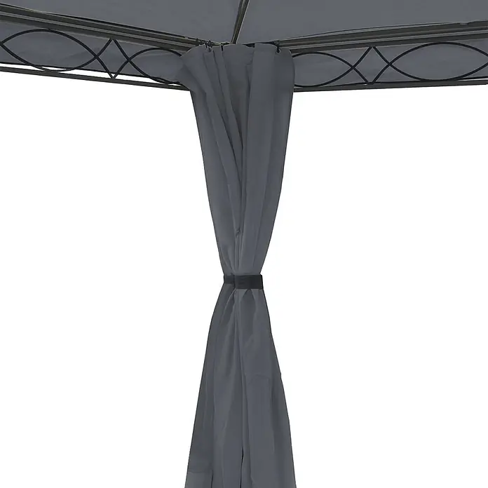 Berlinlodge Standard-Pavillon Cadiz - B x T: 400 x 300 cm, Farbe Gestell: Grau, Metall - Grauer Pavillonvorhang, hochgebunden, mit grauem Dach darüber.