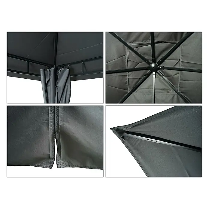 Berlinlodge Standard-Pavillon mit Seitenwand - B x T: 300 x 300 cm, Farbe Gestell: Grau, Sonstige - Dunkelgraues Pavillondach mit Metallrahmen, Details der Dachstützen, des Stoffes und der Reißverschluss-Sichtschutzvorhänge.
