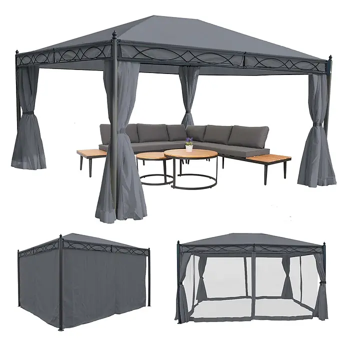 Berlinlodge Standard-Pavillon Cadiz - B x T: 400 x 300 cm, Farbe Gestell: Grau, Metall - Grauer Pavillon mit Metallrahmen, Dach, aufziehbaren Vorhängen und Loungemöbel-Set.