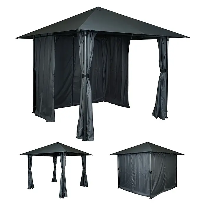 Berlinlodge Standard-Pavillon mit Seitenwand - B x T: 300 x 300 cm, Farbe Gestell: Grau, Sonstige - Ein dunkelgrauer Pavillon mit spitzem Dach und Vorhängen, die zurückgebunden oder komplett geschlossen werden können.