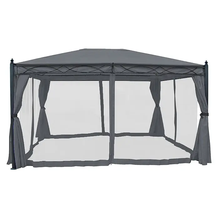 Berlinlodge Standard-Pavillon Cadiz - B x T: 400 x 300 cm, Farbe Gestell: Grau, Metall - Dunkelgrauer Pavillon mit Stoffdach, Metallrahmen, Moskitonetz und Sichtschutzvorhängen.